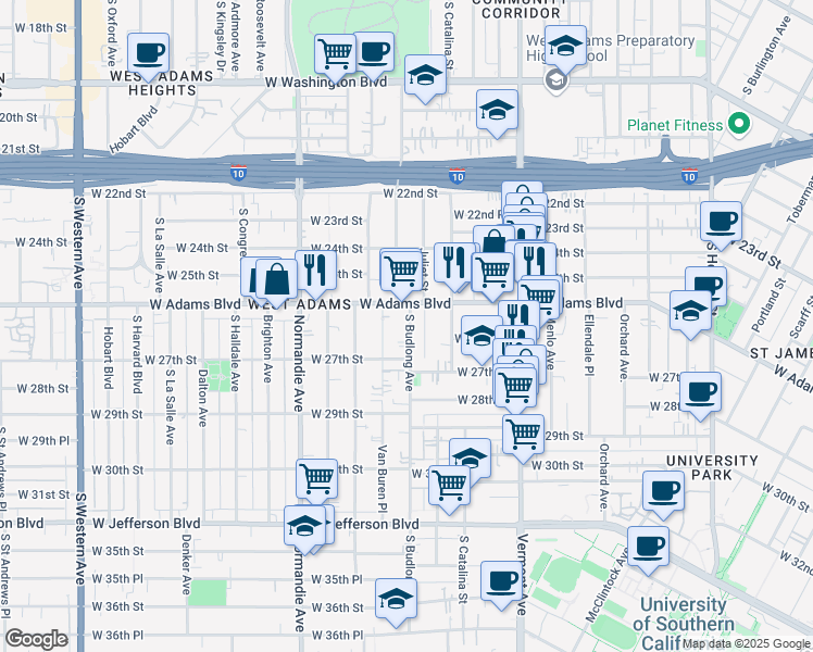 map of restaurants, bars, coffee shops, grocery stores, and more near 2625 Budlong Avenue in Los Angeles