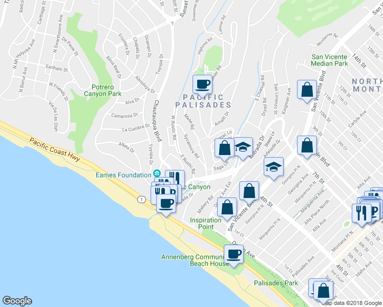 map of restaurants, bars, coffee shops, grocery stores, and more near 369 Sycamore Road in Santa Monica