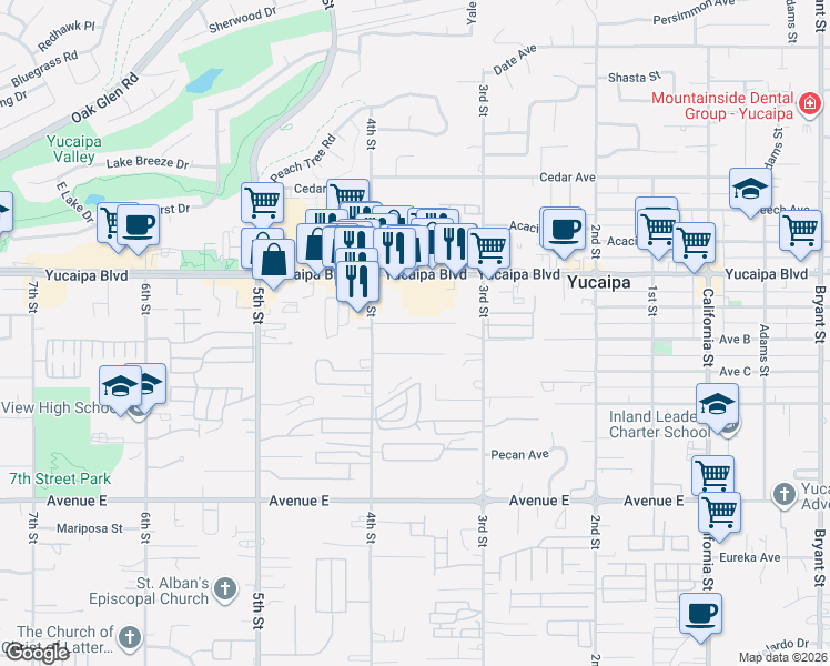 map of restaurants, bars, coffee shops, grocery stores, and more near 34613 Avenue B in Yucaipa