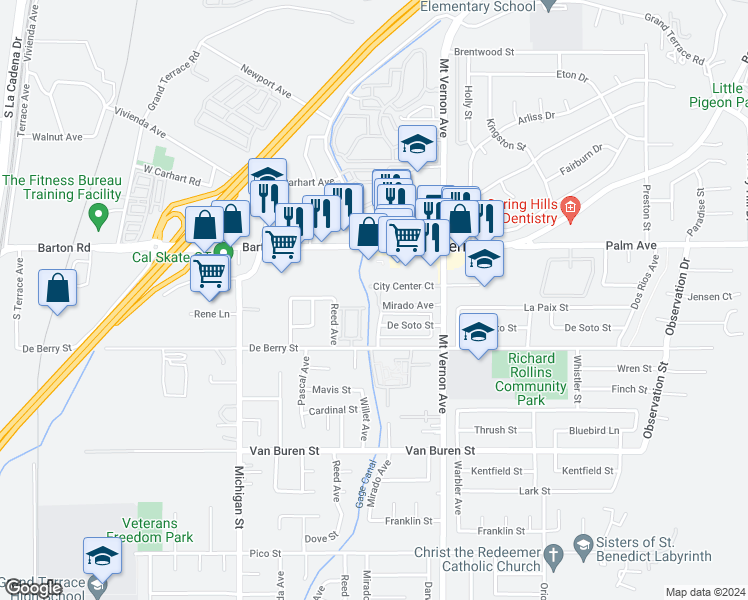 map of restaurants, bars, coffee shops, grocery stores, and more near 12168 Mount Vernon Avenue in Grand Terrace