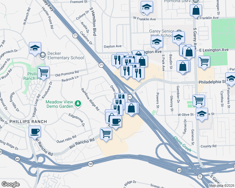 map of restaurants, bars, coffee shops, grocery stores, and more near 34 Skyline Lane in Pomona