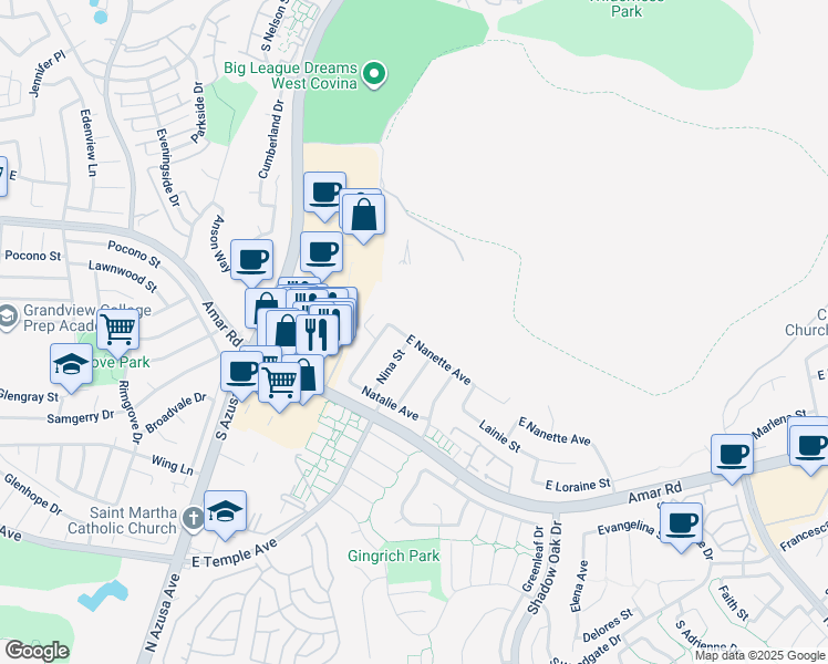 map of restaurants, bars, coffee shops, grocery stores, and more near 1627 South Nadine Street in West Covina