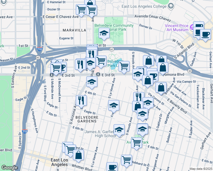 map of restaurants, bars, coffee shops, grocery stores, and more near 4924 Gratian Street in East Los Angeles