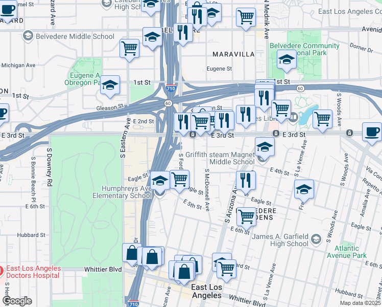 map of restaurants, bars, coffee shops, grocery stores, and more near 347 South McBride Avenue in Los Angeles