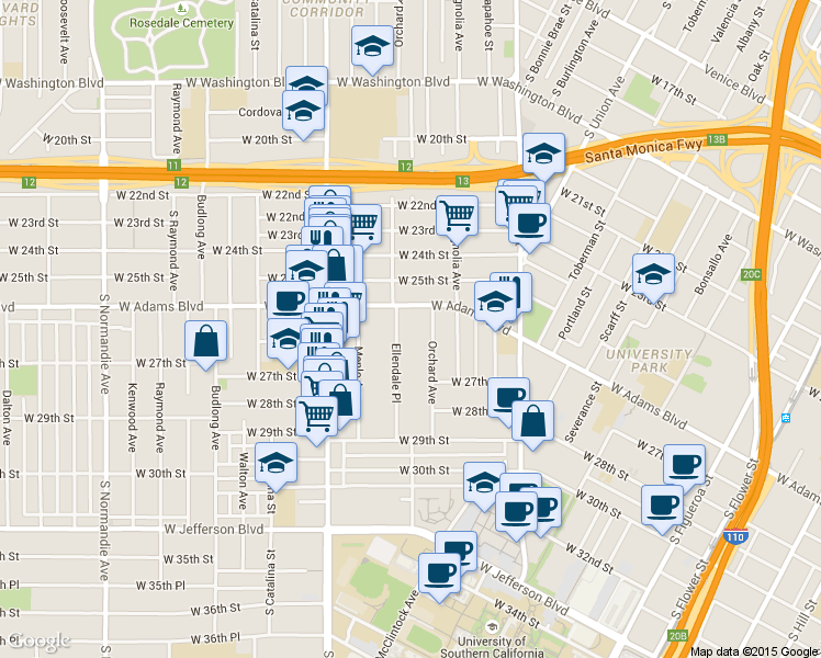 map of restaurants, bars, coffee shops, grocery stores, and more near 2620 Ellendale Place in Los Angeles