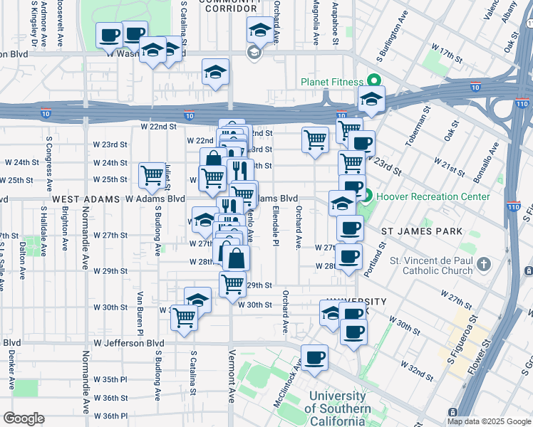 map of restaurants, bars, coffee shops, grocery stores, and more near 2620 Menlo Avenue in Los Angeles