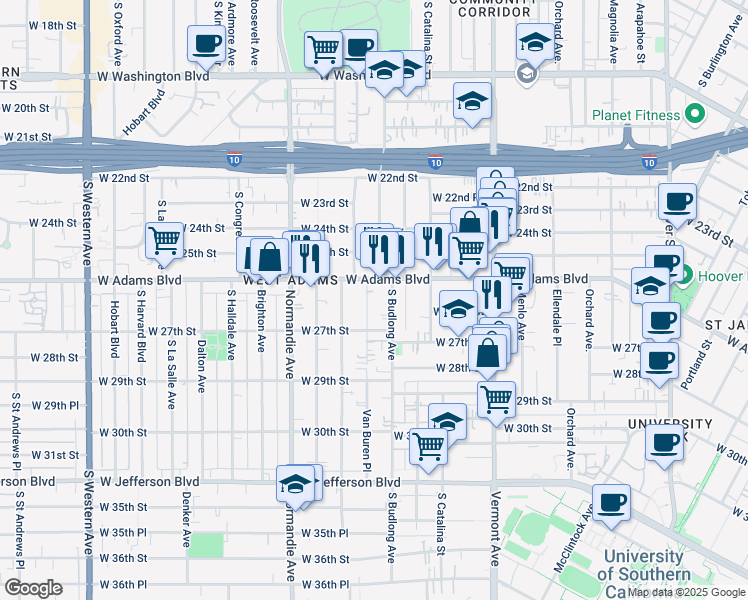 map of restaurants, bars, coffee shops, grocery stores, and more near 2625 Budlong Avenue in Los Angeles