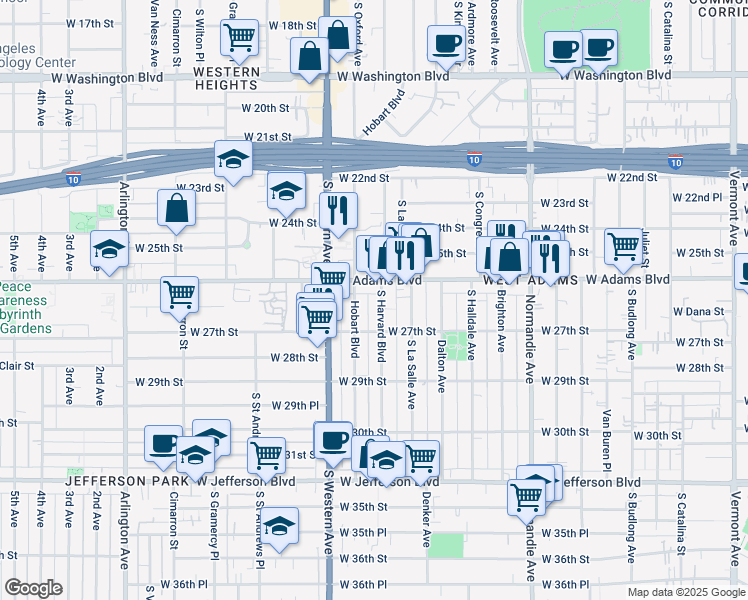 map of restaurants, bars, coffee shops, grocery stores, and more near 2622 South Harvard Boulevard in Los Angeles
