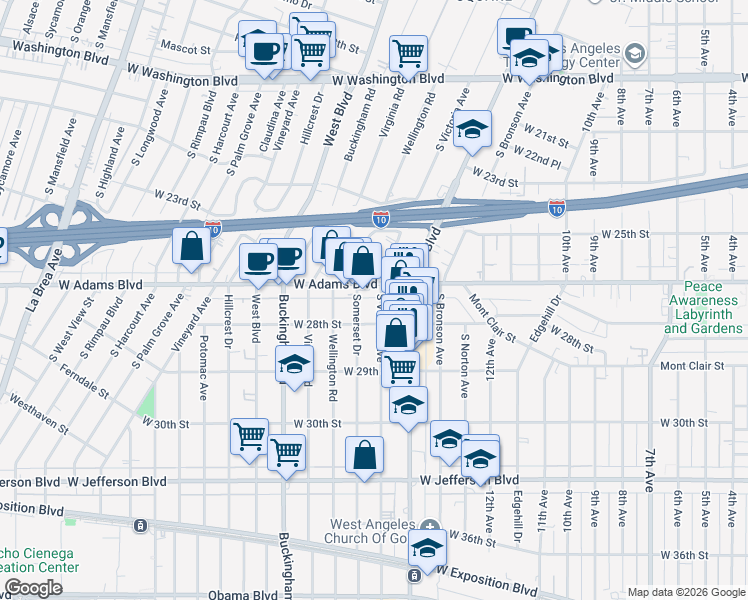 map of restaurants, bars, coffee shops, grocery stores, and more near 2623 South Victoria Avenue in Los Angeles