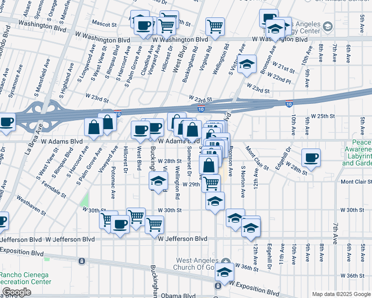 map of restaurants, bars, coffee shops, grocery stores, and more near 2616 Wellington Road in Los Angeles