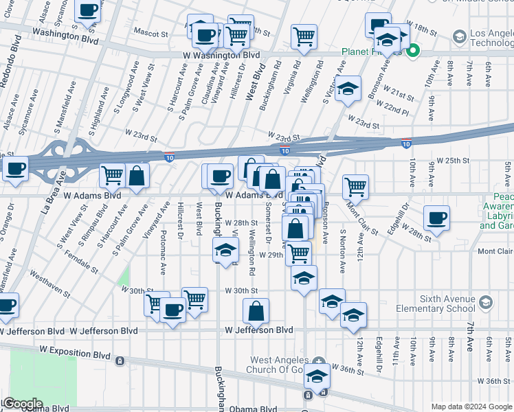 map of restaurants, bars, coffee shops, grocery stores, and more near 2616 Wellington Road in Los Angeles
