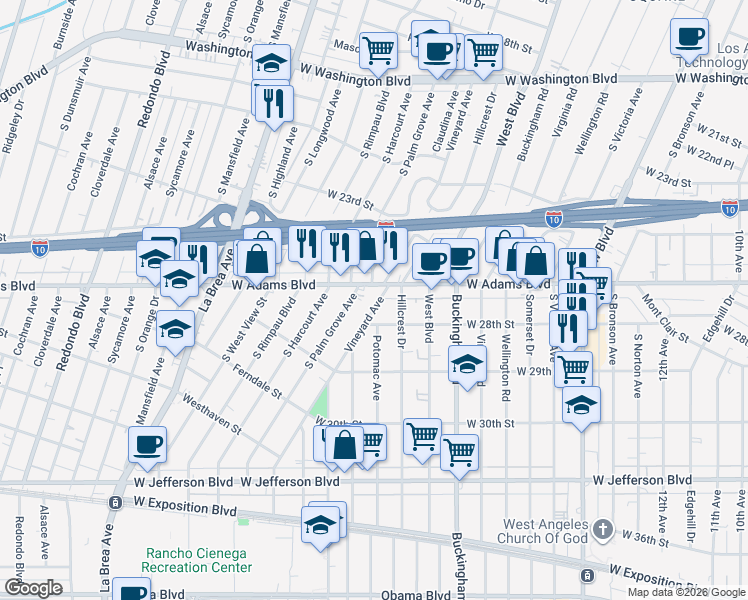 map of restaurants, bars, coffee shops, grocery stores, and more near in Los Angeles