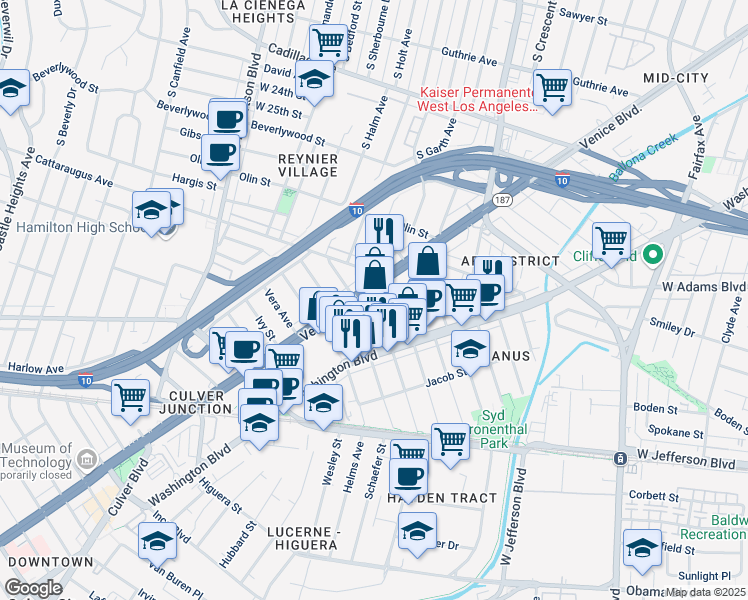 map of restaurants, bars, coffee shops, grocery stores, and more near 3203 South Sherbourne Drive in Los Angeles
