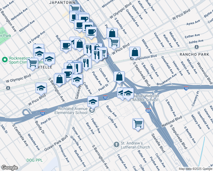 map of restaurants, bars, coffee shops, grocery stores, and more near 2498 Purdue Avenue in Los Angeles