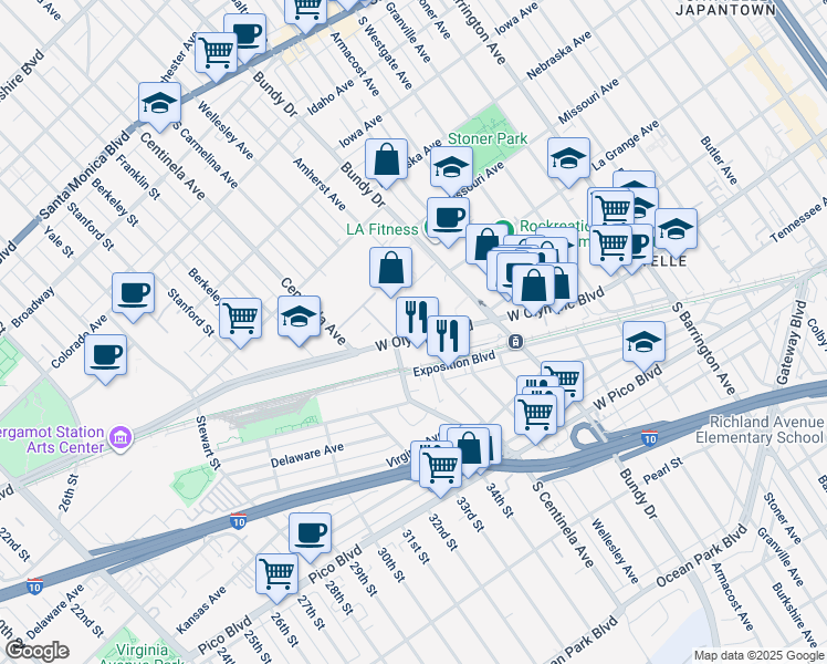 map of restaurants, bars, coffee shops, grocery stores, and more near 12233 West Olympic Boulevard in Los Angeles