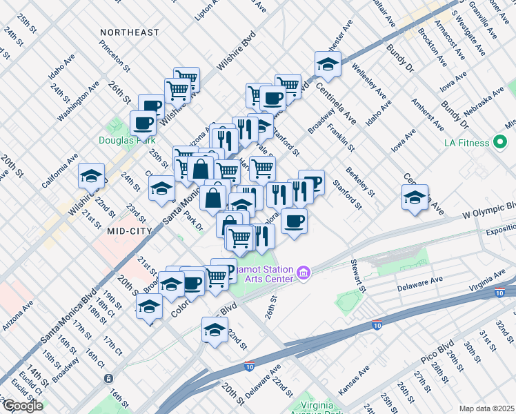 map of restaurants, bars, coffee shops, grocery stores, and more near 1524 Princeton Street in Santa Monica