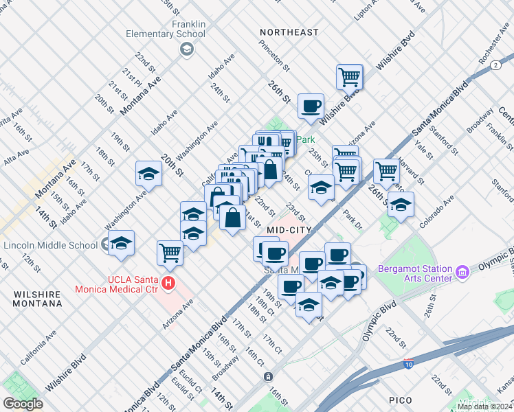 map of restaurants, bars, coffee shops, grocery stores, and more near 1233 22nd Street in Santa Monica