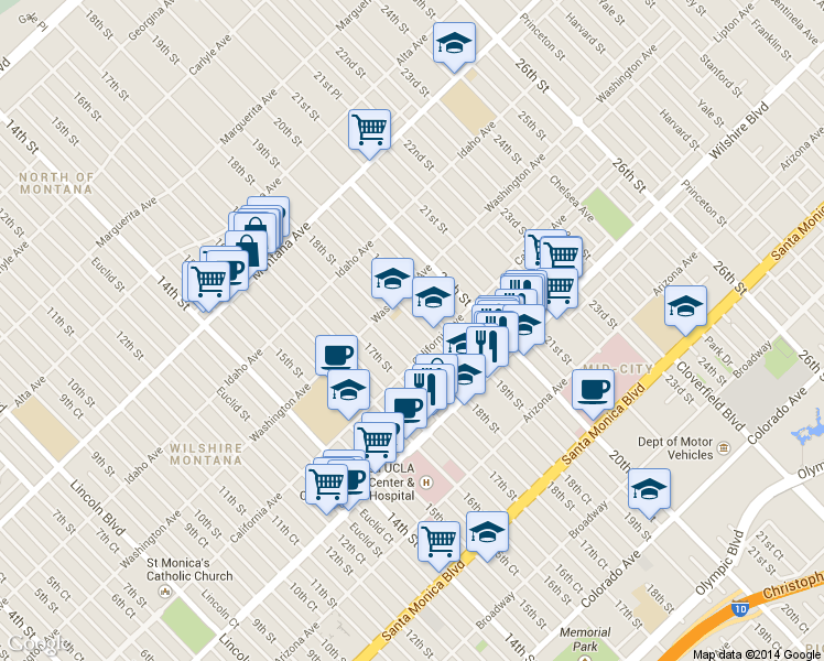 map of restaurants, bars, coffee shops, grocery stores, and more near 1044 19th Street in Santa Monica
