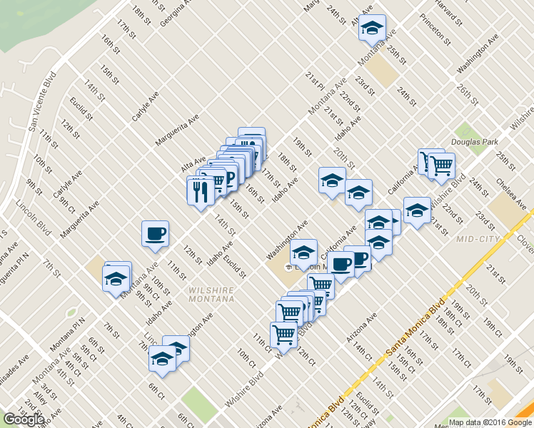 map of restaurants, bars, coffee shops, grocery stores, and more near 1505 Idaho Avenue in Santa Monica