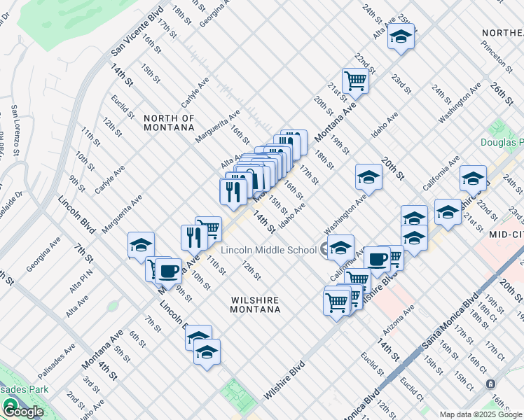 map of restaurants, bars, coffee shops, grocery stores, and more near 828 15th Street in Santa Monica