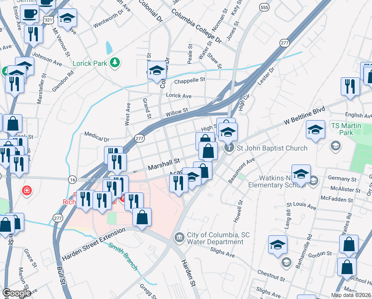 map of restaurants, bars, coffee shops, grocery stores, and more near 2200 Liberty Street in Columbia