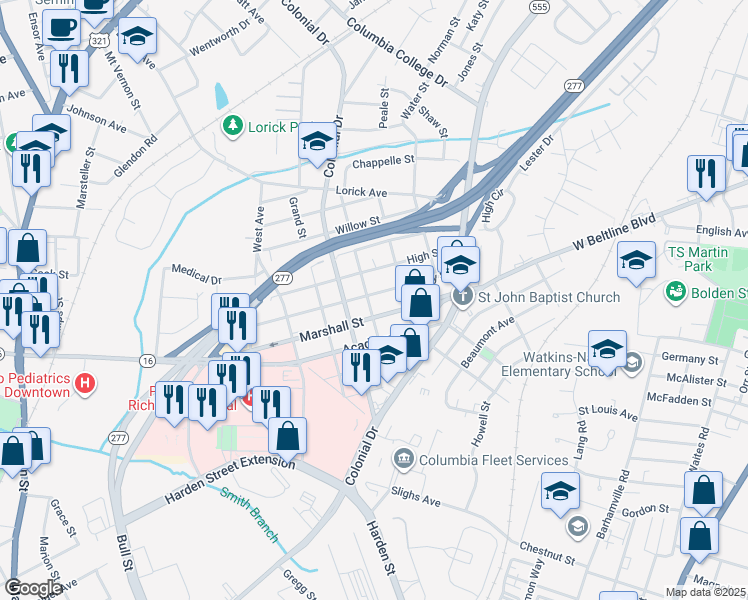 map of restaurants, bars, coffee shops, grocery stores, and more near 2200 Liberty Street in Columbia