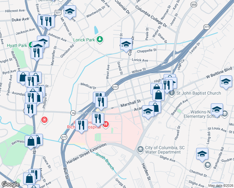 map of restaurants, bars, coffee shops, grocery stores, and more near 1808 High Street in Columbia