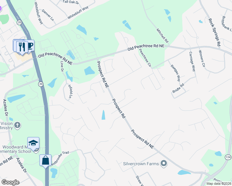 map of restaurants, bars, coffee shops, grocery stores, and more near 2099 Prospect Road in Lawrenceville