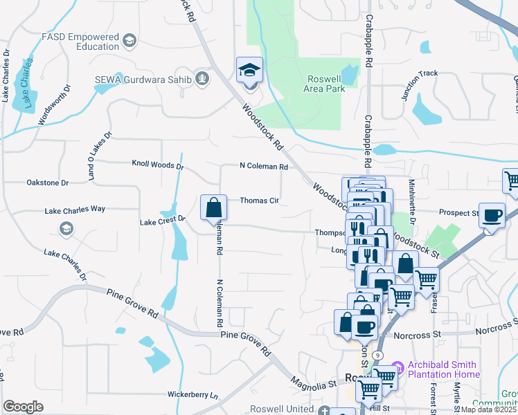 map of restaurants, bars, coffee shops, grocery stores, and more near 1219 Thomas Circle in Roswell