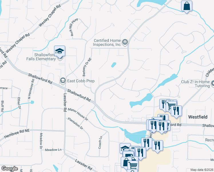 map of restaurants, bars, coffee shops, grocery stores, and more near 3353 River Birch Way in Roswell