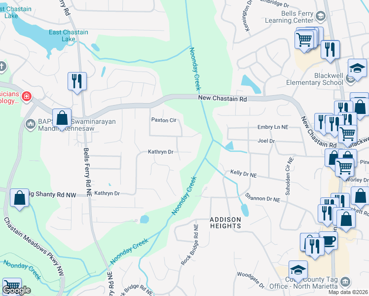 map of restaurants, bars, coffee shops, grocery stores, and more near 195 Kathryn Drive in Marietta