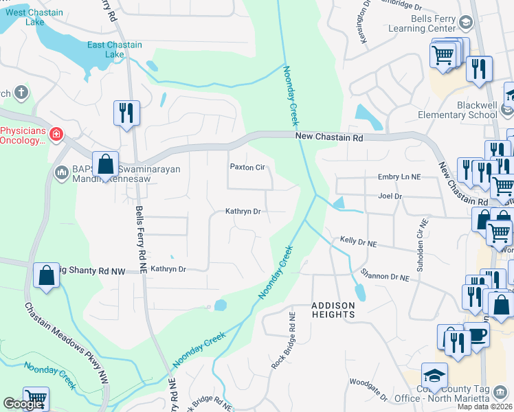 map of restaurants, bars, coffee shops, grocery stores, and more near 189 Kathryn Drive in Marietta