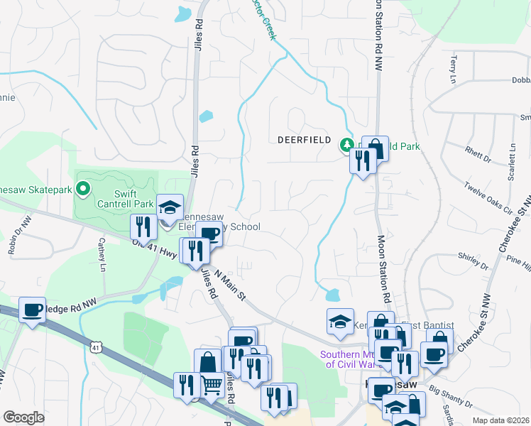map of restaurants, bars, coffee shops, grocery stores, and more near 1172 Mountain Springs Drive in Kennesaw