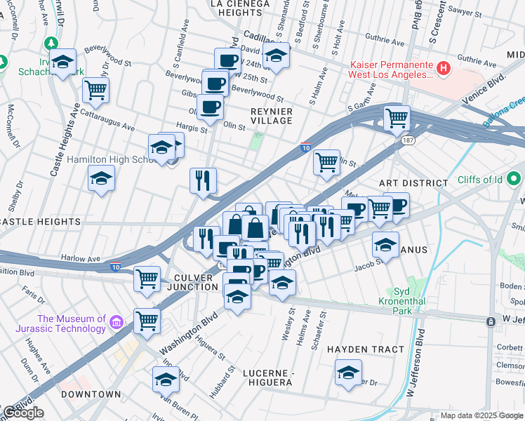 map of restaurants, bars, coffee shops, grocery stores, and more near 3149 Helms Avenue in Los Angeles
