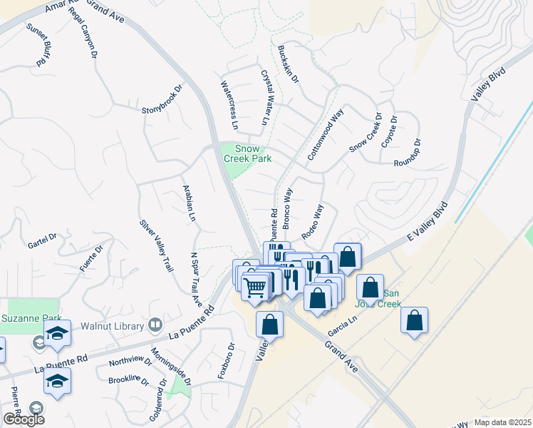map of restaurants, bars, coffee shops, grocery stores, and more near 21630 East Deep Creek Road in Walnut