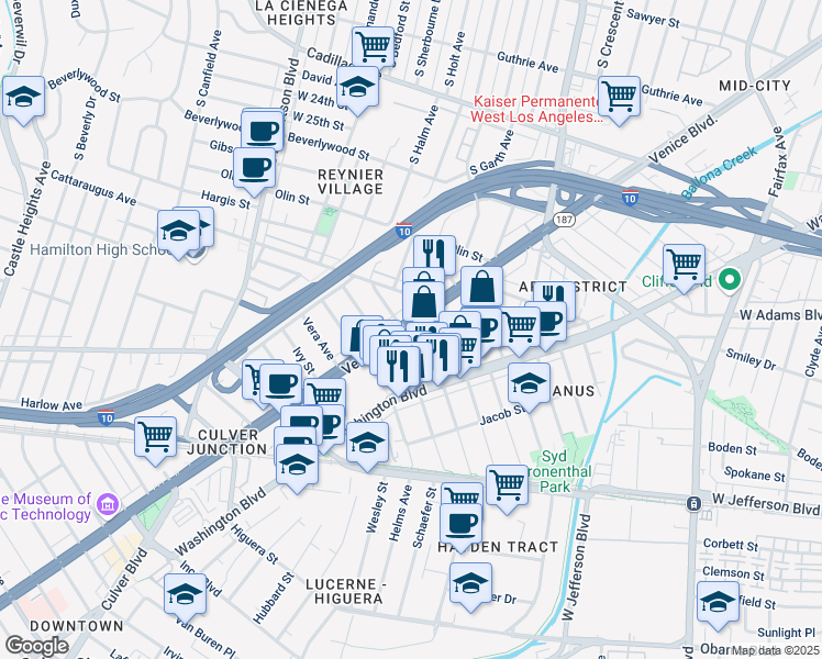 map of restaurants, bars, coffee shops, grocery stores, and more near 8730 Venice Boulevard in Los Angeles