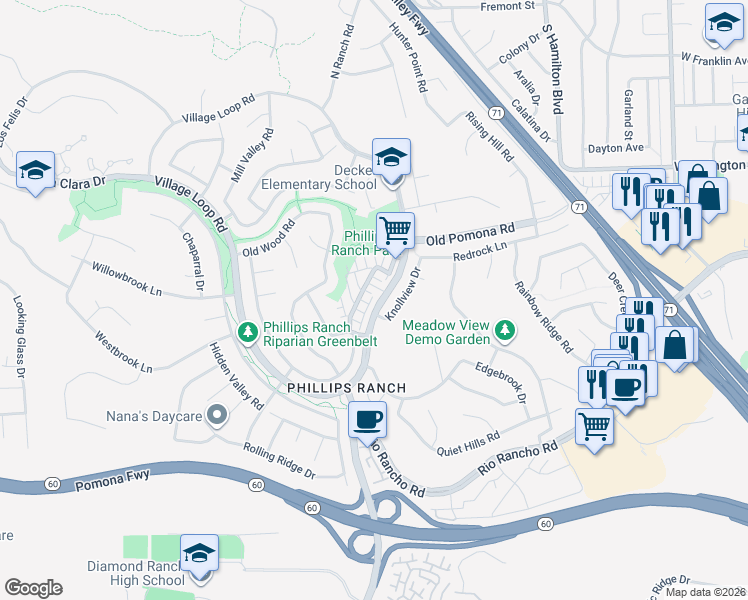 map of restaurants, bars, coffee shops, grocery stores, and more near 24 Noble Street in Pomona