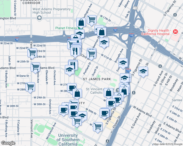 map of restaurants, bars, coffee shops, grocery stores, and more near 2355 Scarff Street in Los Angeles