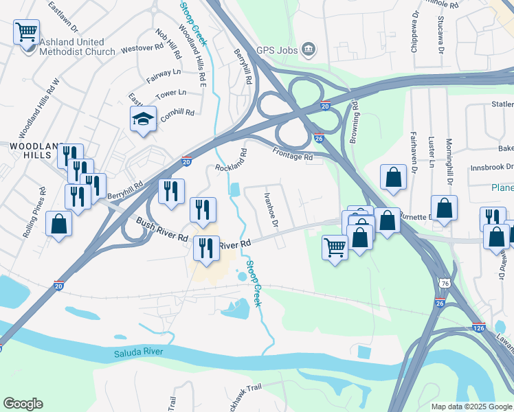 map of restaurants, bars, coffee shops, grocery stores, and more near 1905 Nottingwood Drive in Columbia