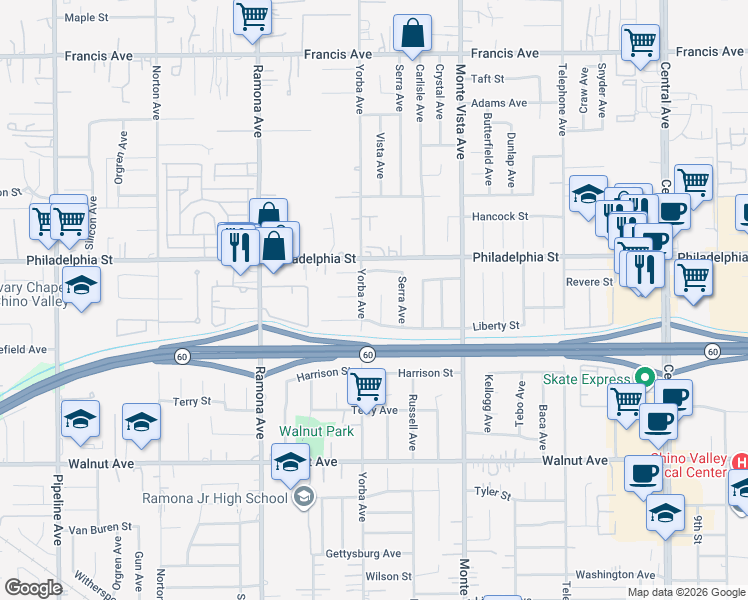 map of restaurants, bars, coffee shops, grocery stores, and more near 12160 Vista Court in Chino