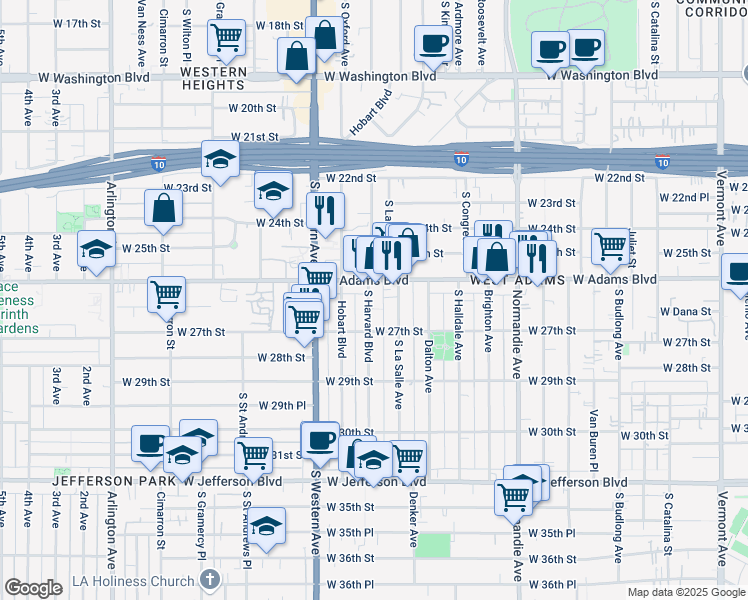 map of restaurants, bars, coffee shops, grocery stores, and more near 2622 South Harvard Boulevard in Los Angeles