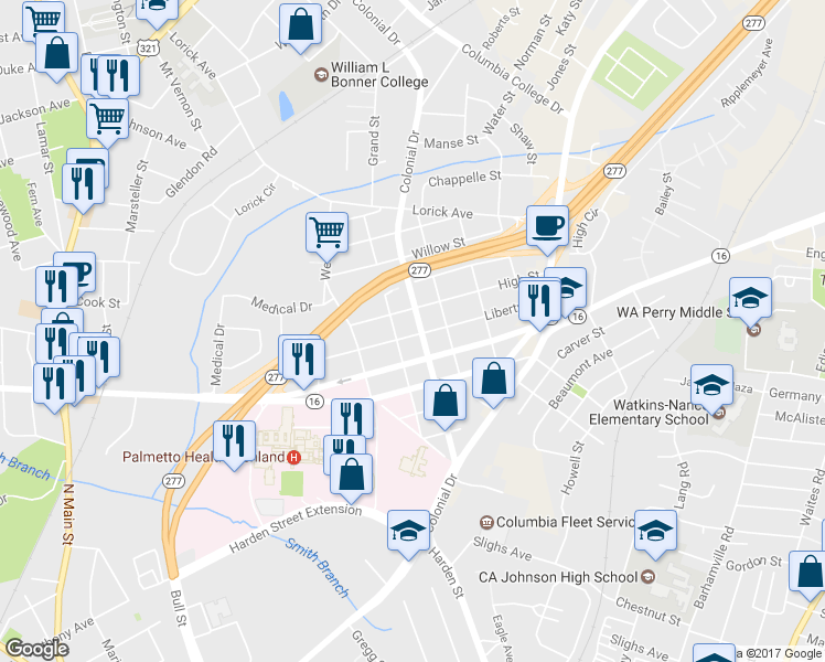 map of restaurants, bars, coffee shops, grocery stores, and more near 3501 Colonial Drive in Columbia