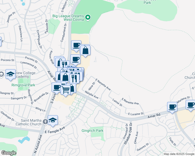 map of restaurants, bars, coffee shops, grocery stores, and more near 1635 East Nanette Avenue in West Covina