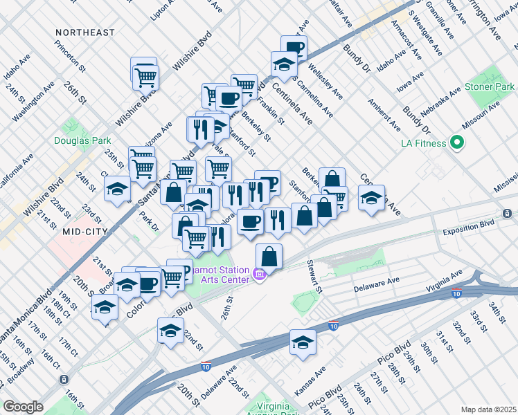 map of restaurants, bars, coffee shops, grocery stores, and more near 1630 Stewart Street in Santa Monica