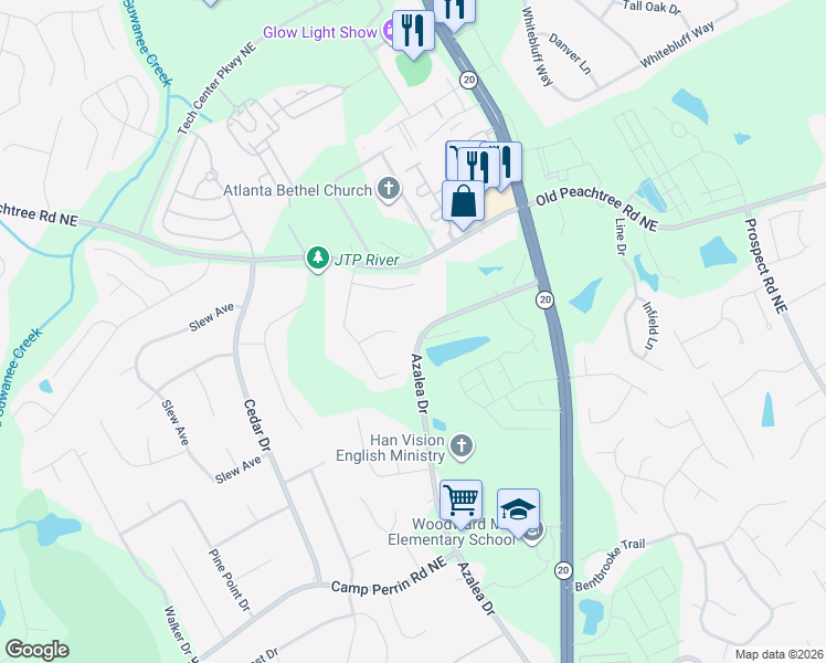 map of restaurants, bars, coffee shops, grocery stores, and more near 2264 Azalea Drive in Lawrenceville