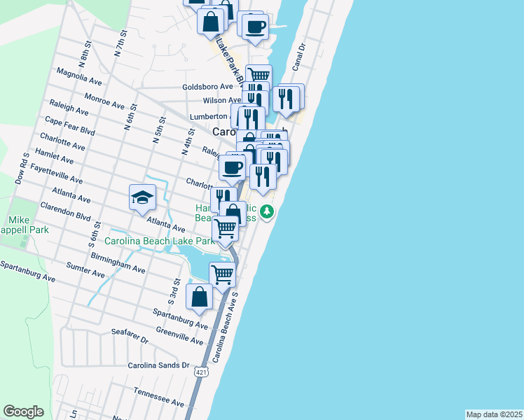 map of restaurants, bars, coffee shops, grocery stores, and more near 102 Carolina Beach Avenue South in Carolina Beach