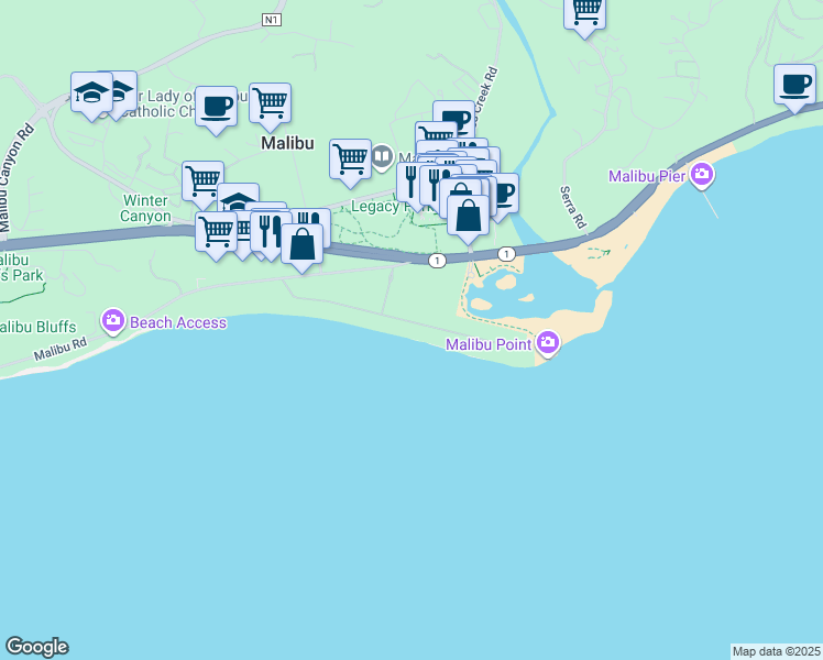 map of restaurants, bars, coffee shops, grocery stores, and more near 23530 Malibu Colony Road in Malibu