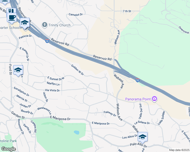 map of restaurants, bars, coffee shops, grocery stores, and more near 641 Golden West Drive in Redlands