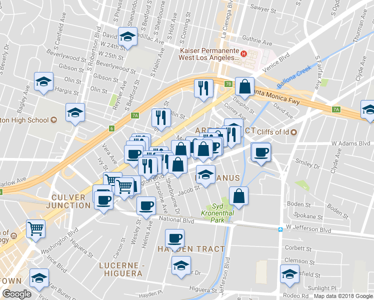 map of restaurants, bars, coffee shops, grocery stores, and more near 3219 McManus Avenue in Los Angeles