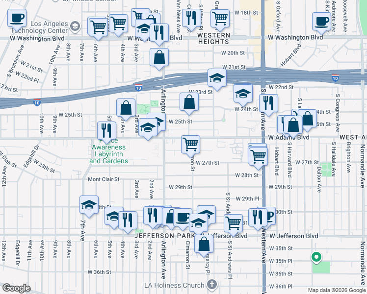 map of restaurants, bars, coffee shops, grocery stores, and more near 2221 West 26th Place in Los Angeles